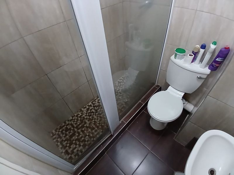 A functional bathroom featuring a shower enclosure with mosaic tiling, a standard toilet, and a bidet with dark ceramic floor tiles.