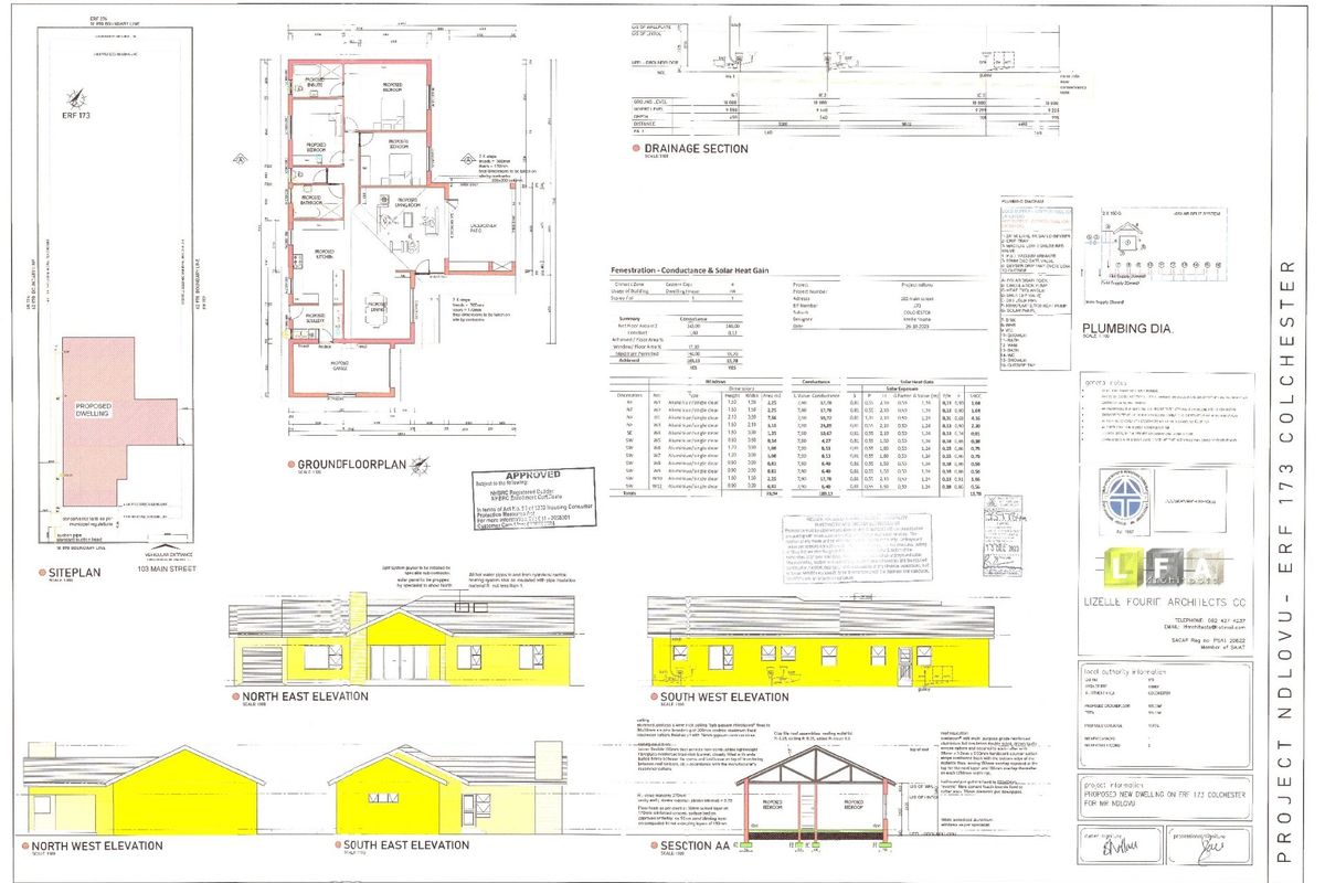 Architectural floor plan and elevation drawings for a proposed new dwelling, including site plan, plumbing, and drainage details.