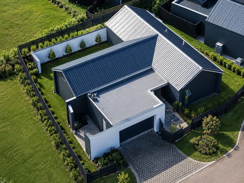 Aerial view of a modern residential property featuring a dark metal roof, paved driveway, and well-maintained landscaped garden within a fenced perimeter.