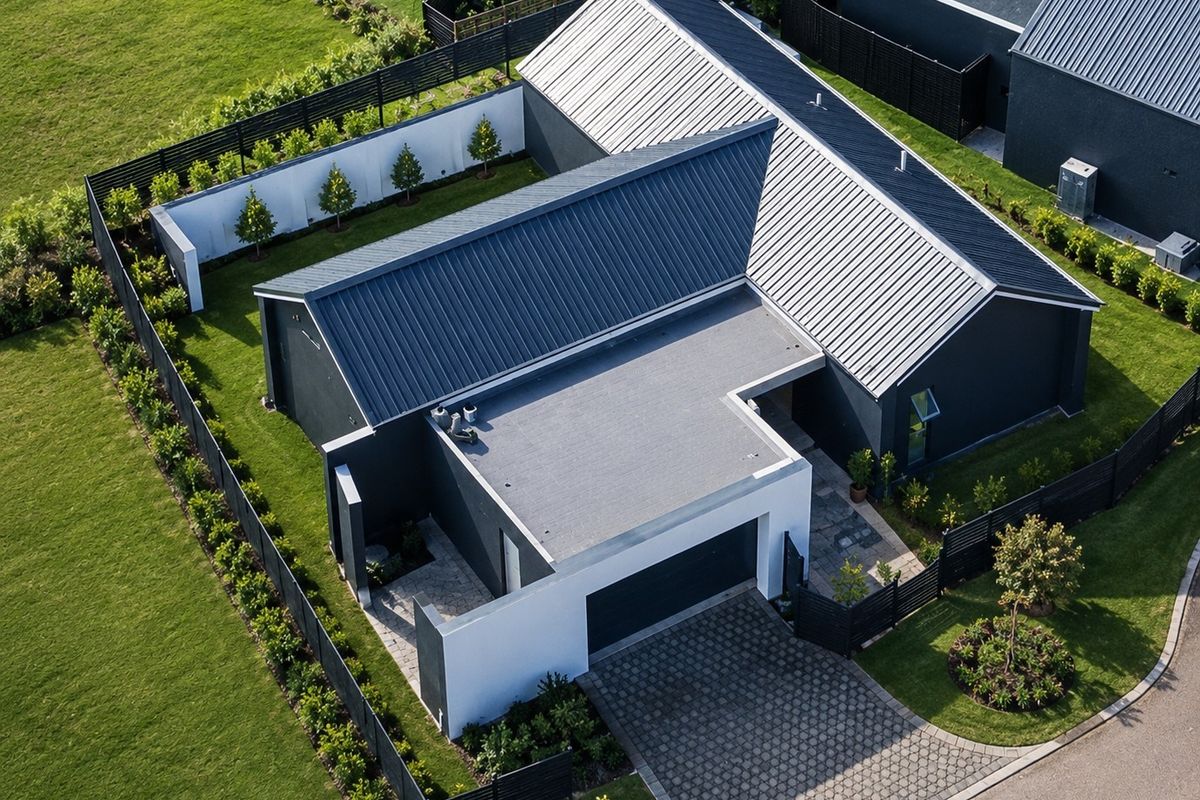 Aerial view of a modern residential property featuring a dark metal roof, paved driveway, and well-maintained landscaped garden within a fenced perimeter.