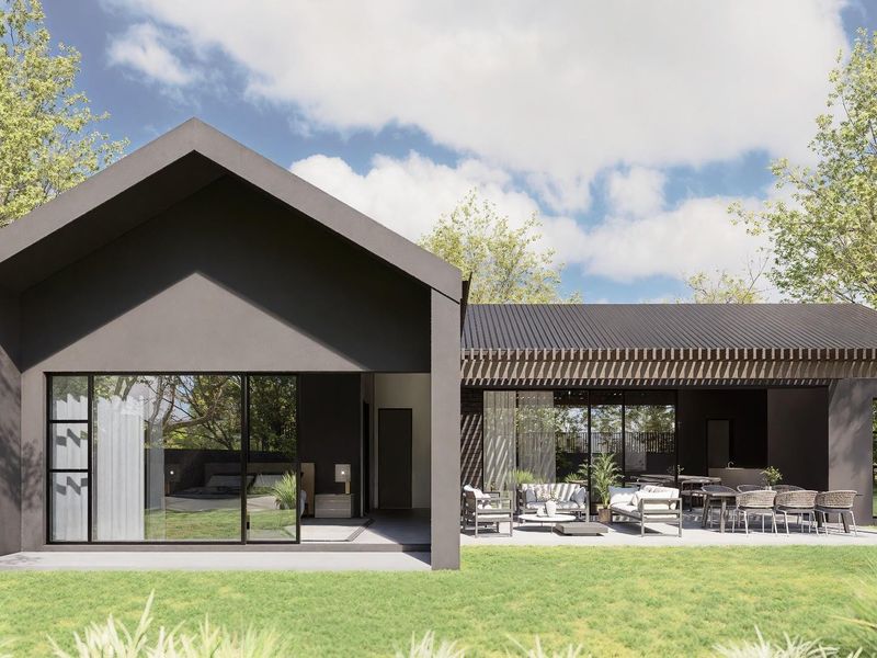 Modern rear exterior view featuring a covered patio, dark architectural facade, large sliding glass doors, and a timber pergola structure.