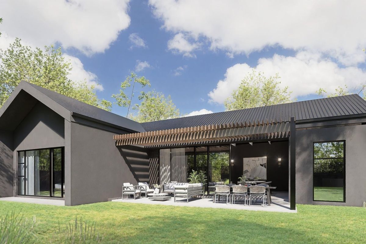 Modern rear exterior view featuring a covered patio with a timber pergola, sleek dark facade, and large sliding glass doors opening to the garden.