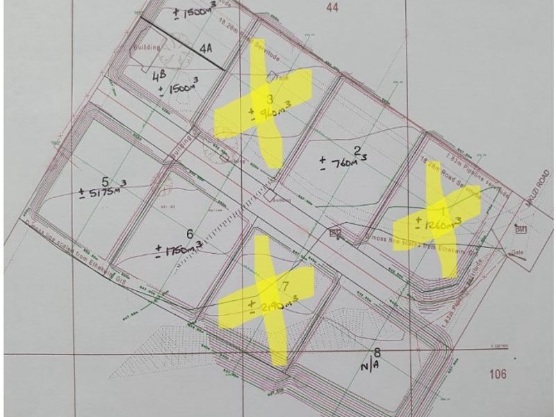A technical site layout plan showing agricultural land divisions, pipeline servitudes, and road access points.