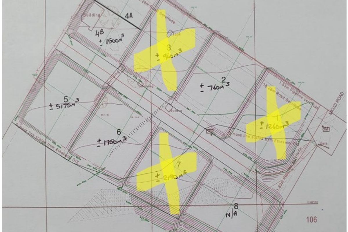 A technical site layout plan showing agricultural land divisions, pipeline servitudes, and road access points.