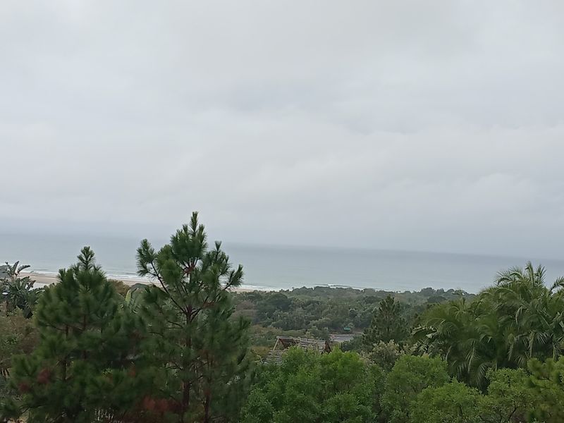 A scenic elevated view overlooking the coastal landscape, lush greenery, and the ocean horizon under an overcast sky.