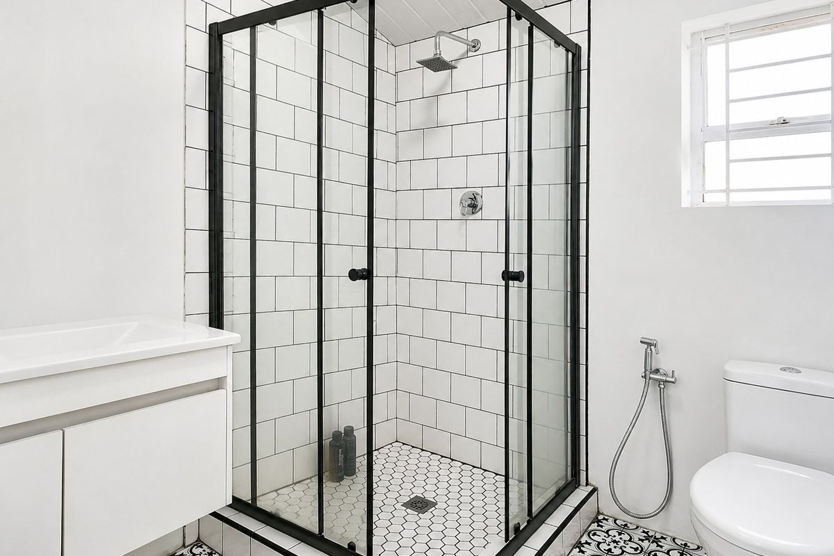 Modern bathroom featuring a black-framed shower enclosure, subway wall tiles, patterned hexagonal floor tiles, and a sleek vanity unit.