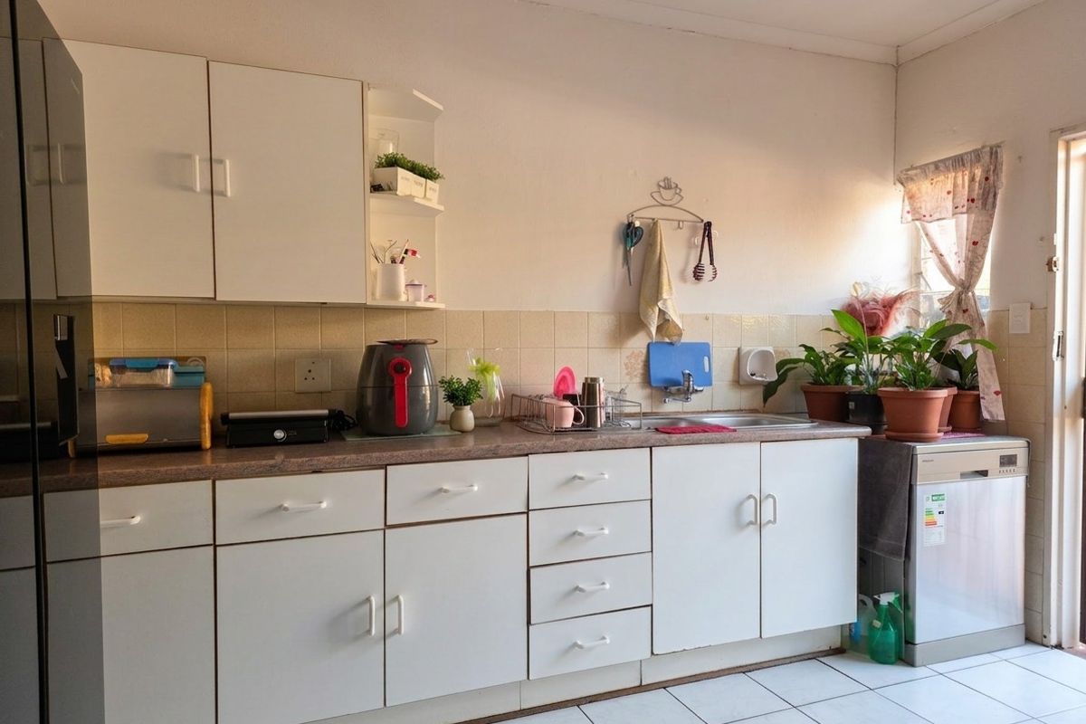 A functional kitchen featuring white cabinetry, laminate countertops, tiled backsplash, and tiled flooring, offering a practical layout for daily meal preparation.