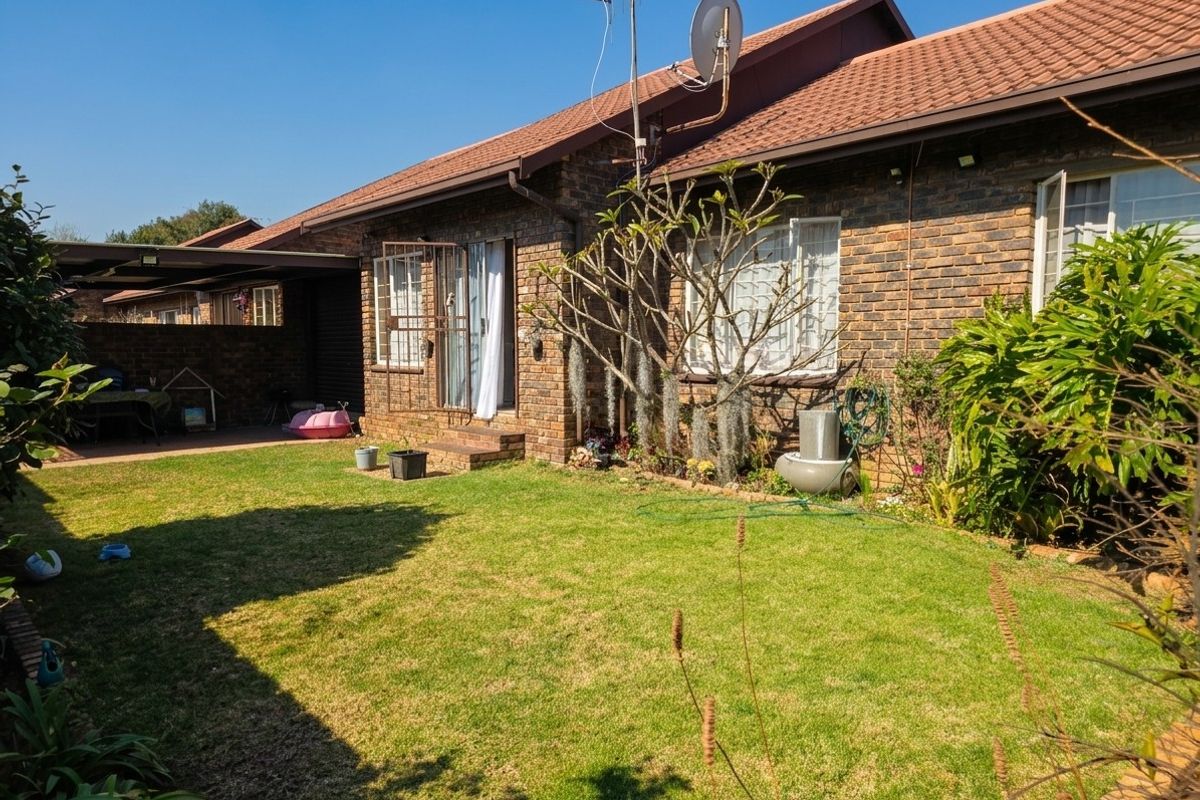 Rear view of the townhouse featuring a face brick facade, tiled roof, and a private garden with a covered patio area.