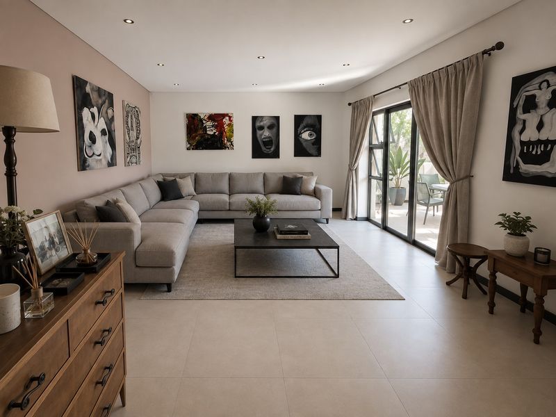 A modern, well-maintained living room featuring large format floor tiles, recessed lighting, and sliding glass doors providing access to an outdoor patio area.