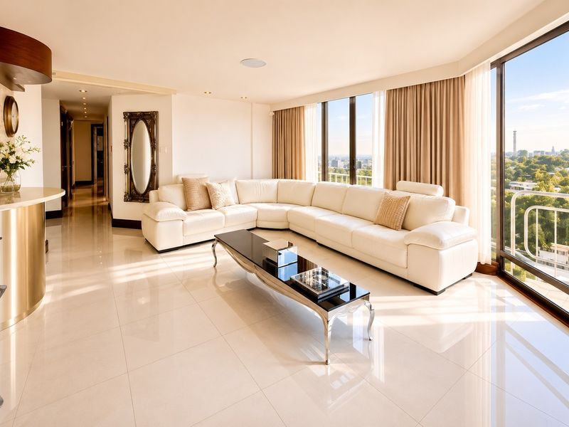 Spacious, light-filled living room featuring polished tile flooring, recessed lighting, and expansive floor-to-ceiling windows offering panoramic city views.