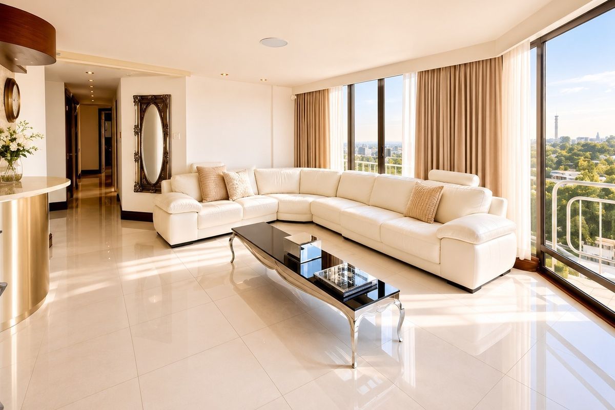 Spacious, light-filled living room featuring polished tile flooring, recessed lighting, and expansive floor-to-ceiling windows offering panoramic city views.