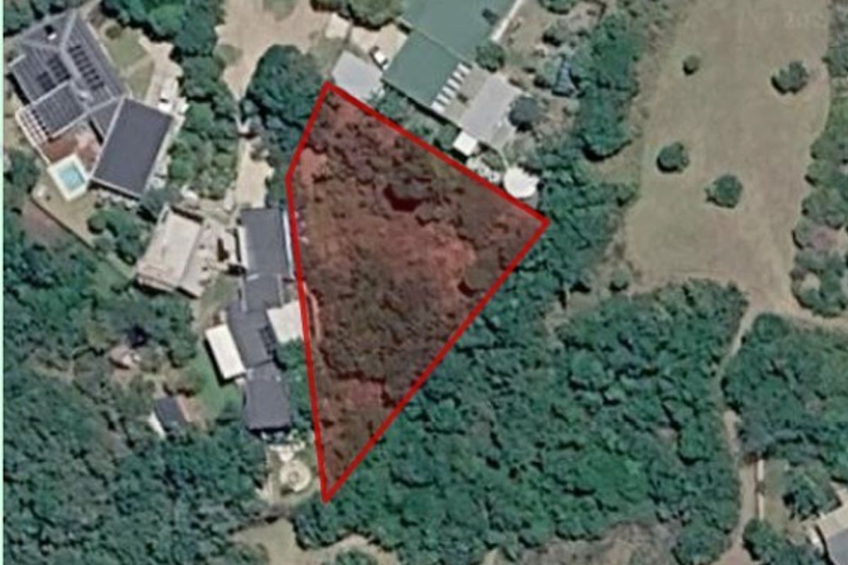 An aerial view of a vacant residential plot outlined in red, showing dense vegetation and surrounding established properties.