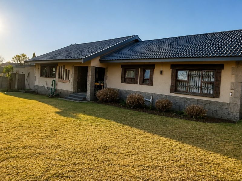 A well-maintained single-story house featuring a tiled roof, stone-clad exterior accents, and secure window bars, set within a spacious private garden.