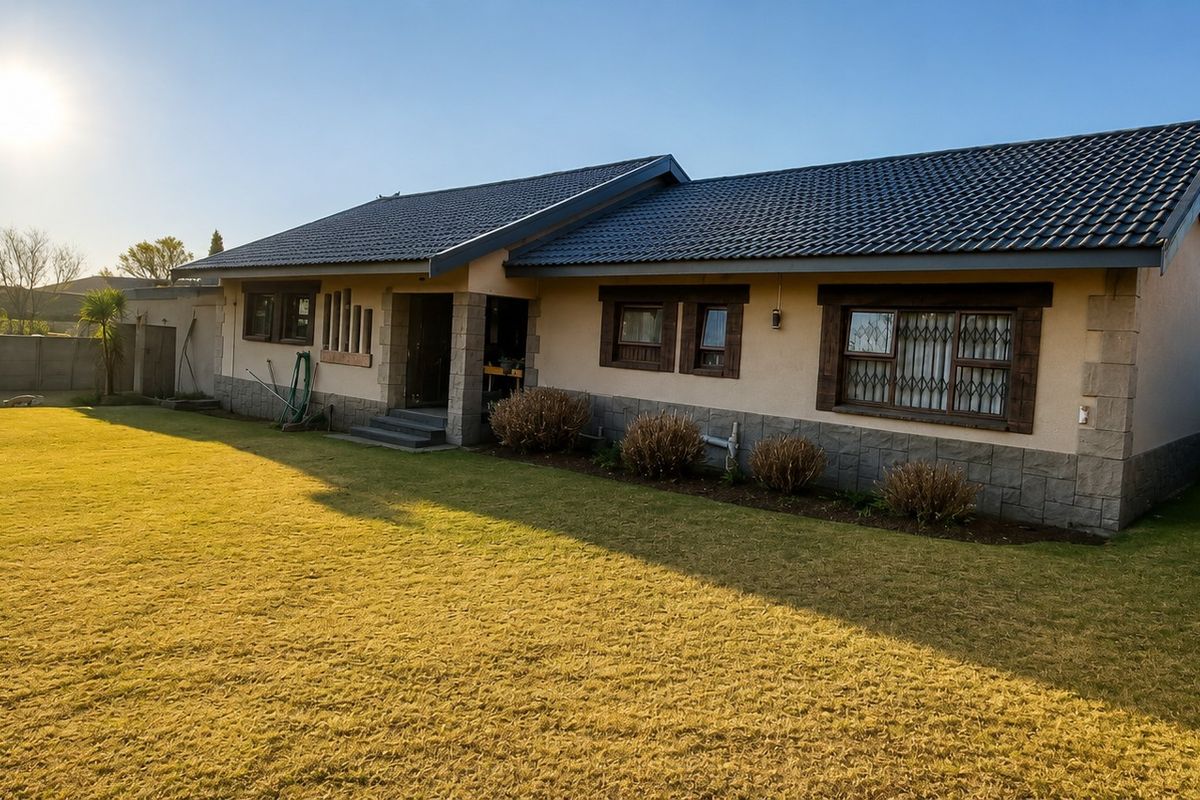 A well-maintained single-story house featuring a tiled roof, stone-clad exterior accents, and secure window bars, set within a spacious private garden.