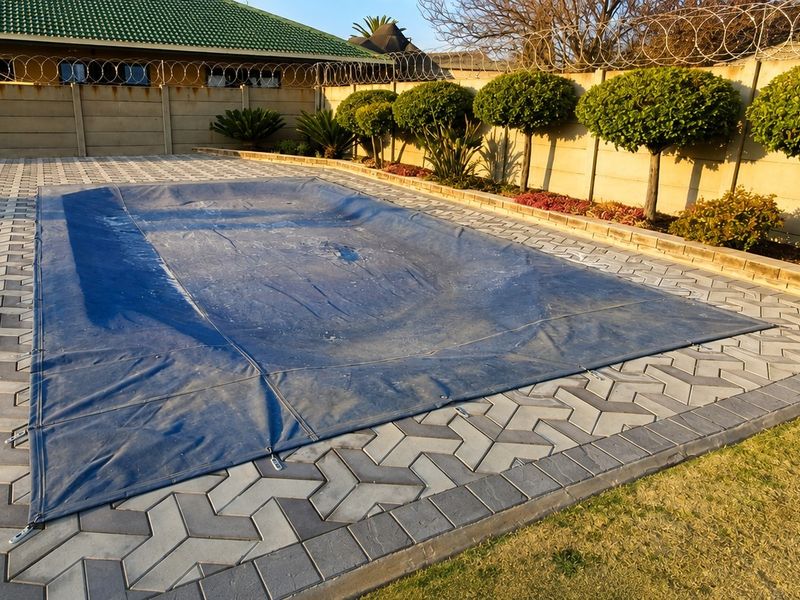 A well-maintained outdoor pool area featuring a paved surround, secure boundary walling with razor wire, and a fitted pool cover.