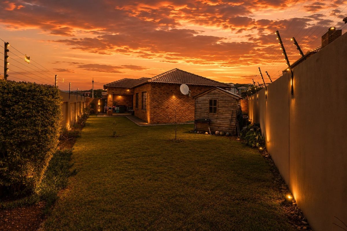 A well-maintained rear garden featuring a face brick townhouse exterior, perimeter wall with electric fencing, and integrated garden lighting at sunset.