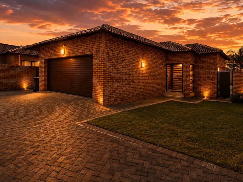 A well-maintained face brick townhouse exterior featuring a paved driveway, automated garage, and landscaped lawn at sunset.