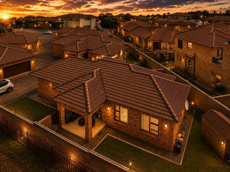 Aerial view of a residential townhouse complex at sunset, showcasing brick construction, tiled roofing, and private garden spaces.
