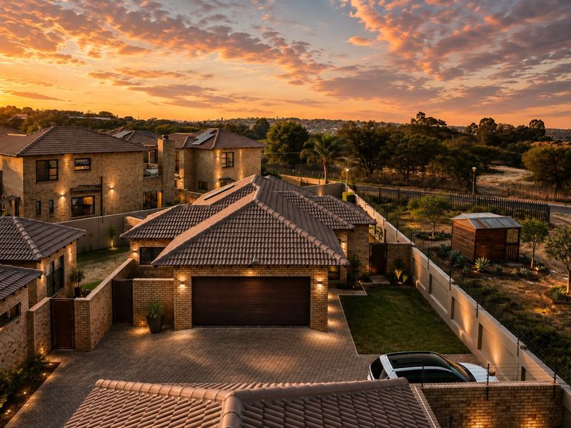 Aerial view of a modern townhouse complex at sunset, featuring brick construction, tiled roofs, paved driveways, and well-maintained perimeter security.
