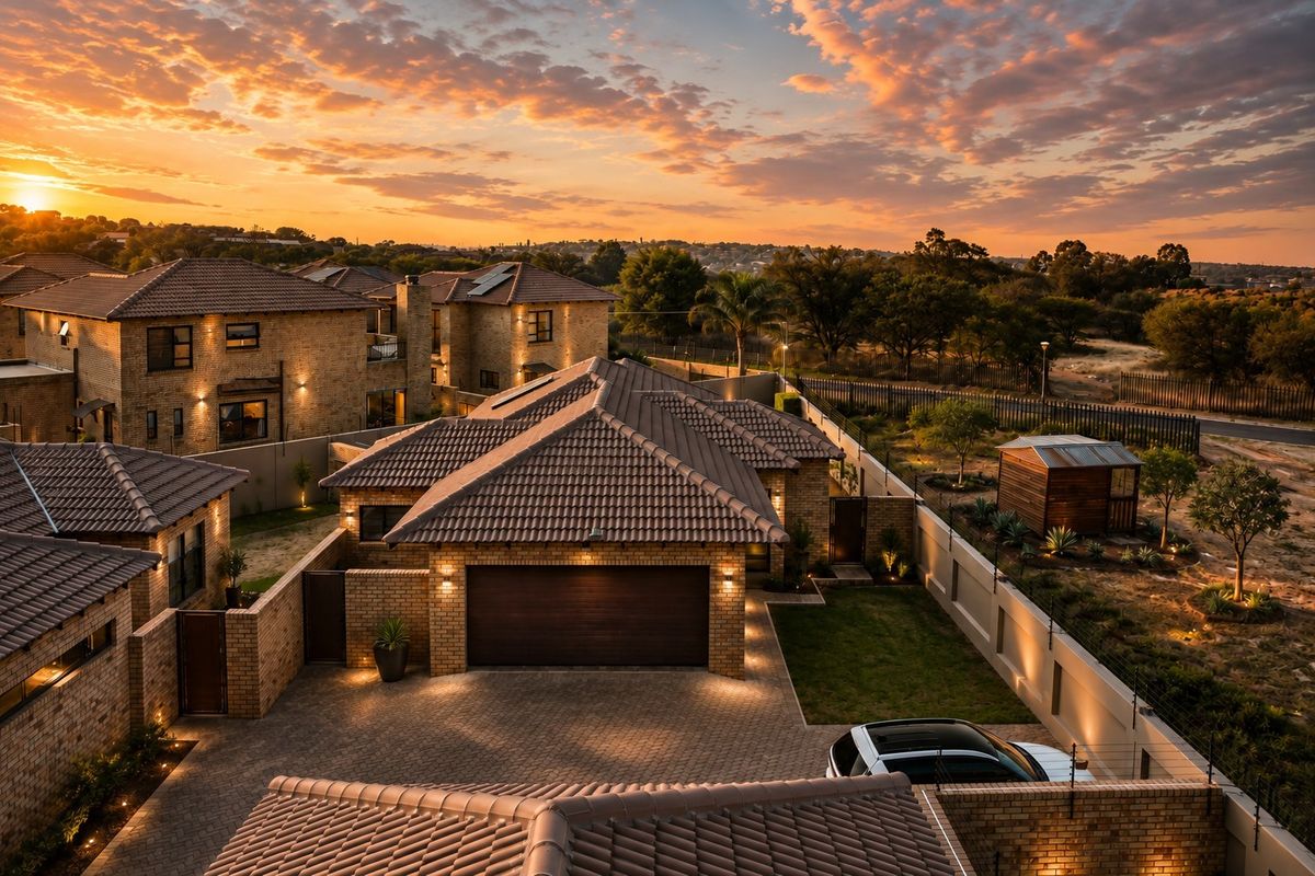 Aerial view of a modern townhouse complex at sunset, featuring brick construction, tiled roofs, paved driveways, and well-maintained perimeter security.
