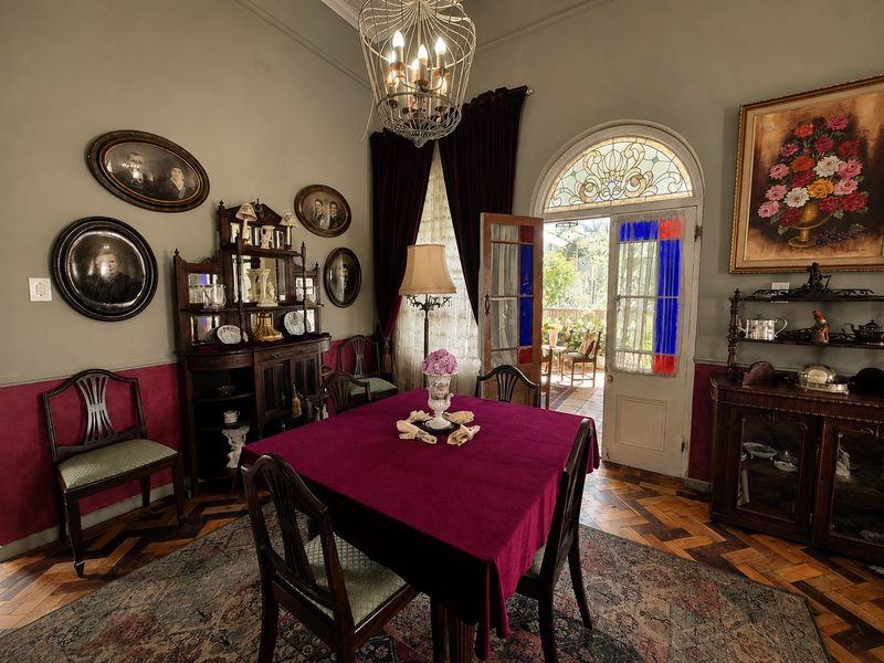 A formal dining room featuring classic parquet flooring, a decorative ceiling rose with a chandelier, and an arched door with stained glass detailing.