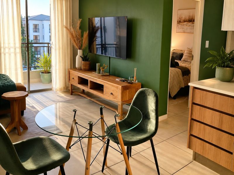 Bright open-plan living area featuring tiled floors, a modern kitchen with wood-finish cabinetry, and direct access to a private balcony.