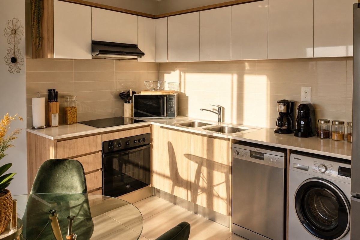 Modern kitchen featuring sleek white and wood-tone cabinetry, integrated appliances, tiled backsplash, and ample counter space in a bright, well-maintained setting.