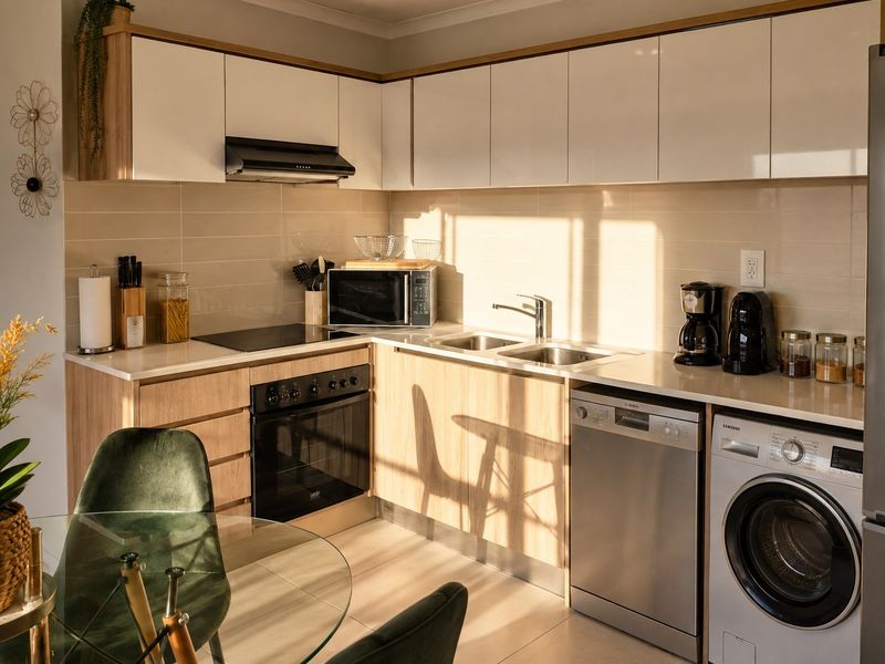 Modern kitchen featuring sleek white and wood-tone cabinetry, integrated appliances, tiled backsplash, and ample counter space in a bright, well-maintained setting.