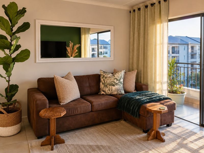 A well-lit living room featuring tiled flooring and a sliding glass door that opens onto a private balcony.