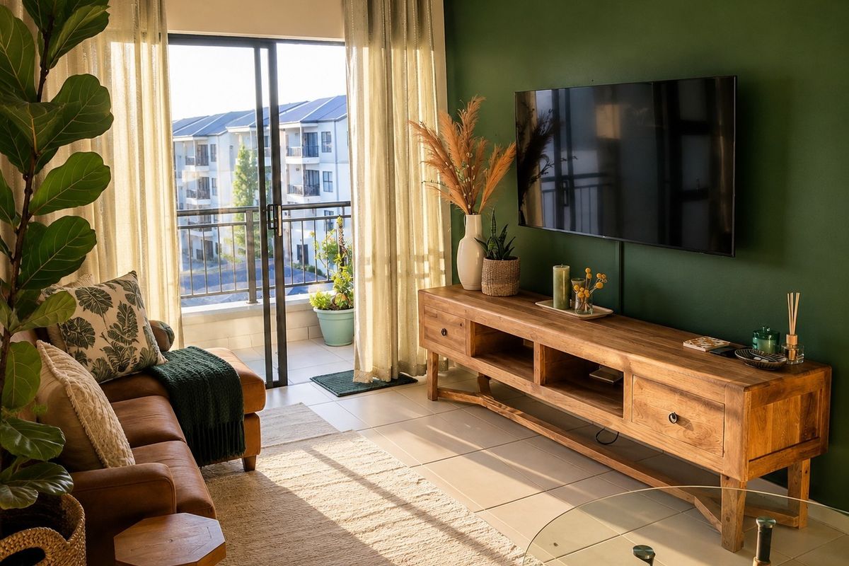 A well-lit living room featuring tiled floors, a bold green accent wall, and direct access to a private balcony through sliding glass doors.