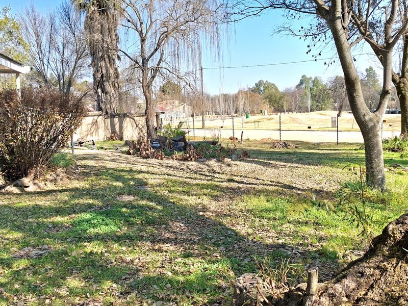 A spacious backyard garden area featuring mature trees, established landscaping, perimeter fencing, and an adjacent covered patio structure.