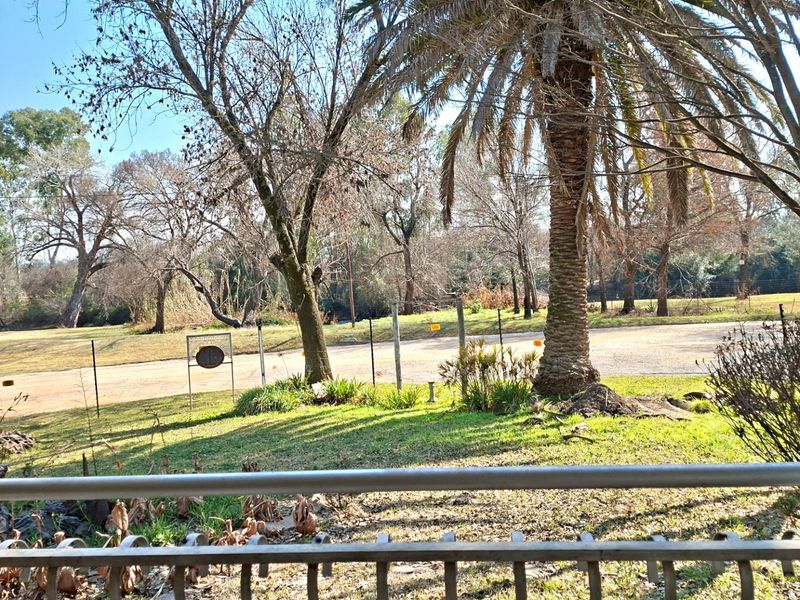 A scenic view overlooking a landscaped garden with mature trees and a metal railing in the foreground.