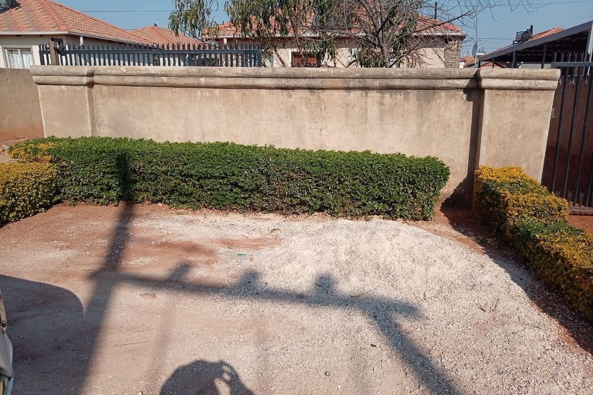 A rear outdoor area featuring a perimeter boundary wall and established hedging, currently with an unpaved ground surface.