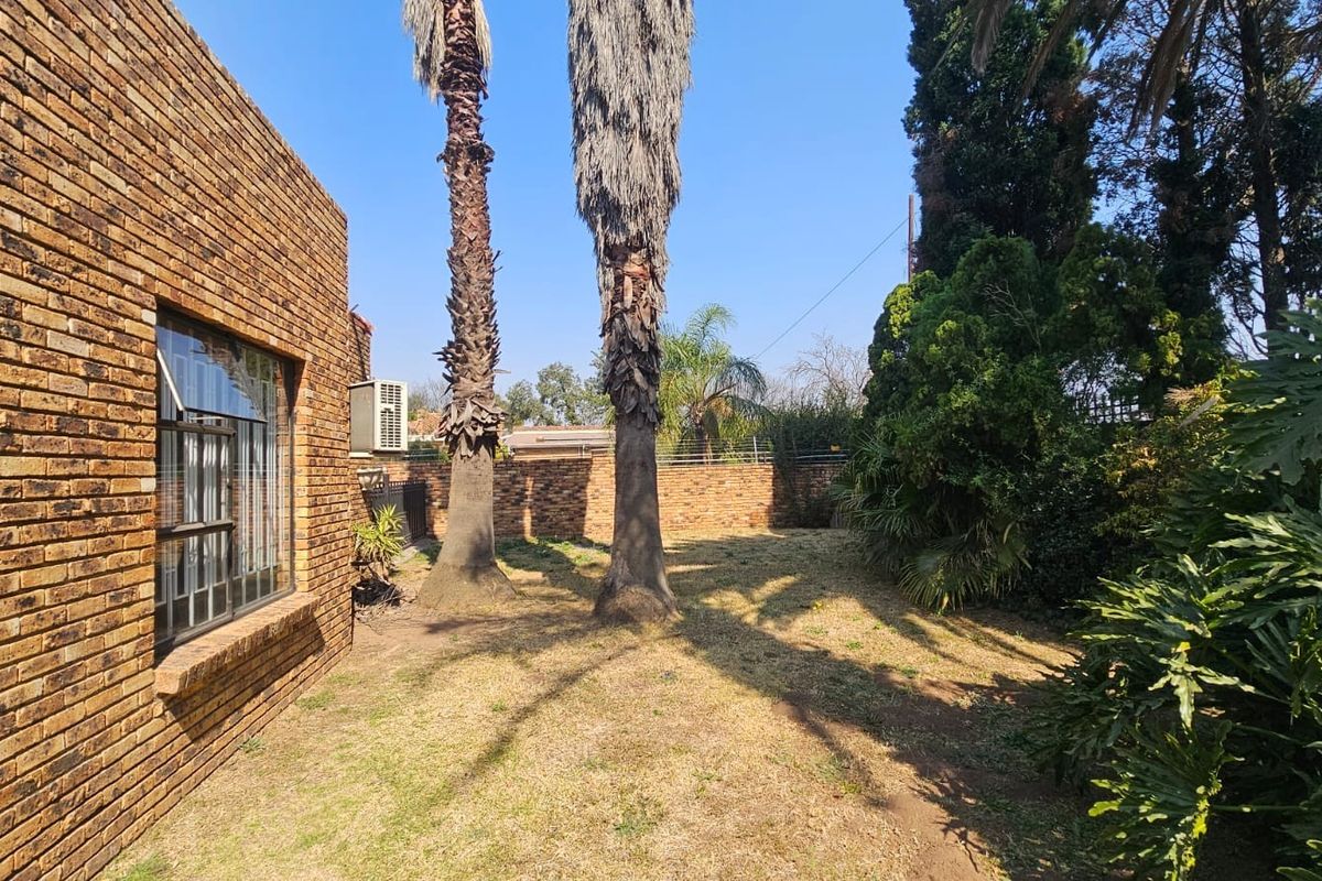 A rear garden area featuring a face brick exterior wall, established palm trees, and a brick boundary wall.