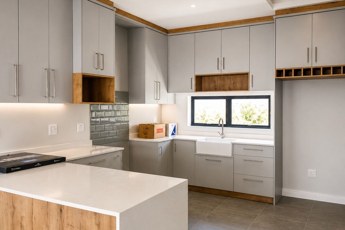 Modern kitchen featuring light grey cabinetry with wood accents, quartz countertops, a farmhouse sink, and a functional island layout.