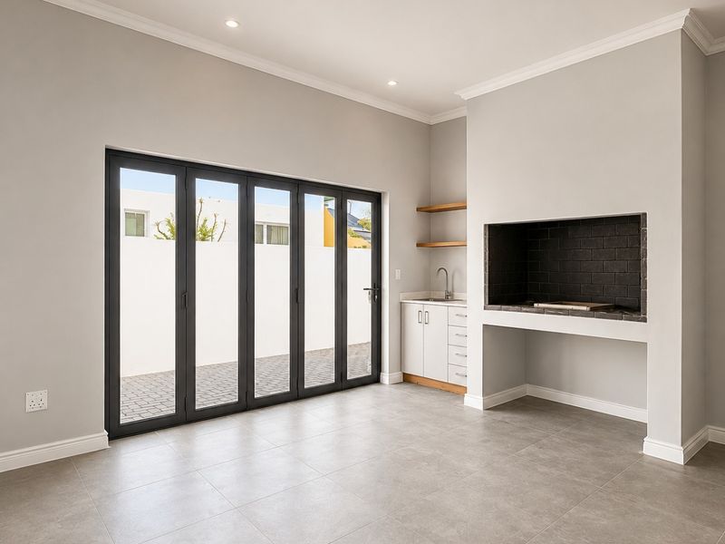 A modern, empty indoor entertainment area featuring a built-in braai, kitchenette with sink, and large bi-fold doors opening to an outdoor patio.