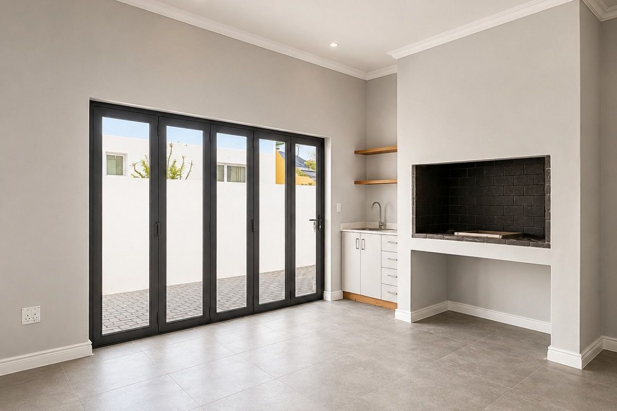 A modern, empty indoor entertainment area featuring a built-in braai, kitchenette with sink, and large bi-fold doors opening to an outdoor patio.