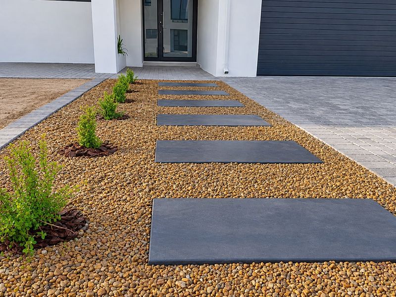 Modern front exterior featuring a paved driveway, a stone walkway with large pavers, and a landscaped garden bed leading to the main entrance.