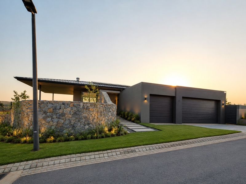 Modern architectural front elevation featuring a double garage, stone-clad feature wall, and manicured landscaping at sunset.