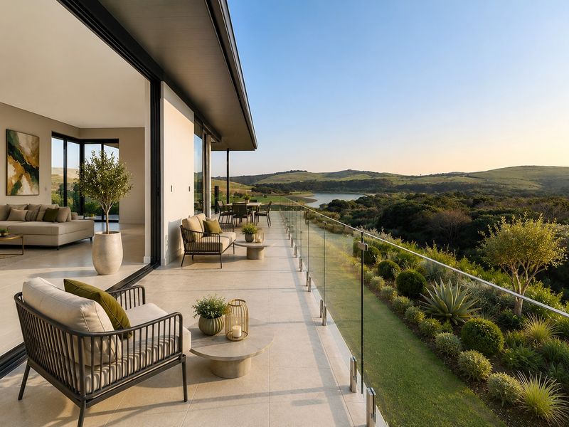 Expansive covered balcony featuring seamless glass balustrades, tiled flooring, and direct access to the living area with panoramic views of the surrounding landscape.