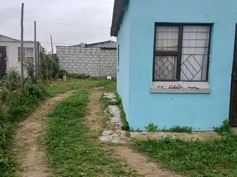 Rear view of a blue painted house featuring a corrugated roof, security window bars, and a surrounding yard with a concrete block boundary wall.