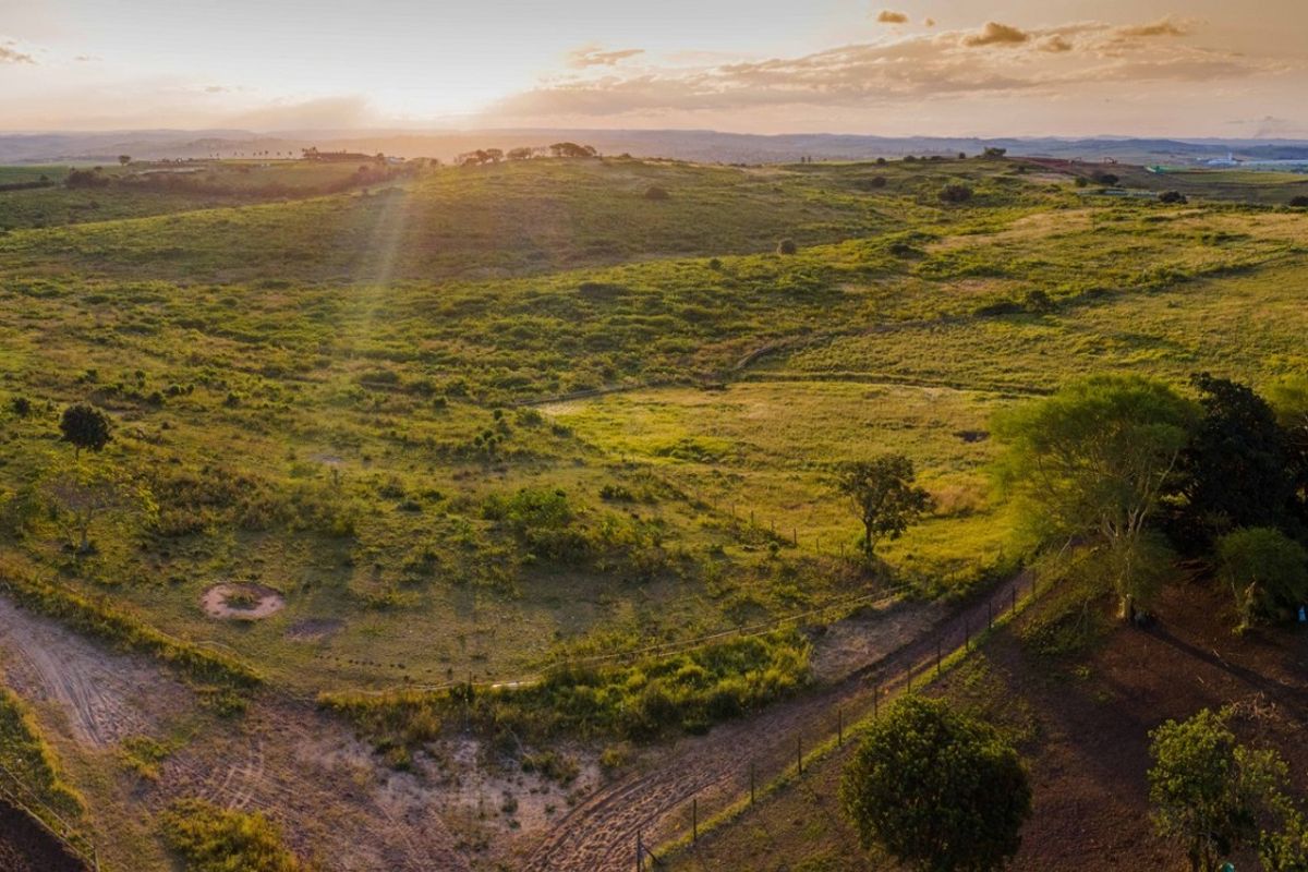 An aerial view of expansive vacant residential land featuring rolling hills, natural vegetation, and existing perimeter fencing at sunset.