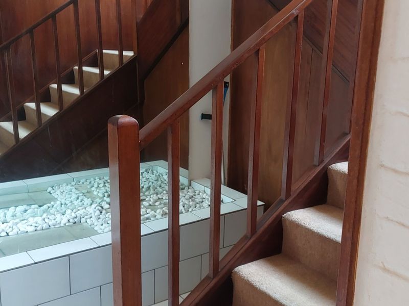 A hallway featuring a timber staircase with carpeted treads and a unique tiled indoor water feature with decorative stones.