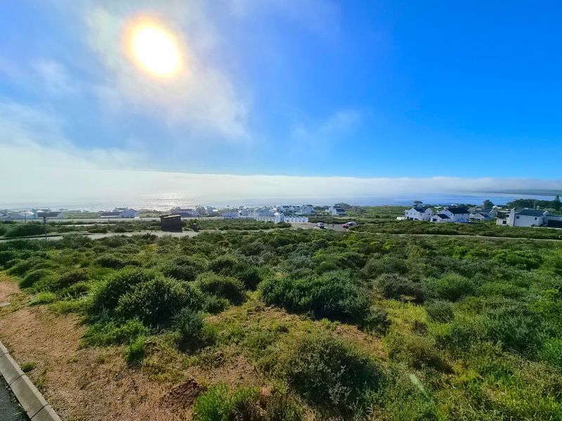 A scenic elevated view overlooking a coastal residential area with natural vegetation in the foreground and the ocean in the distance.