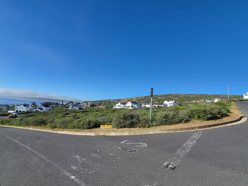 A street-level view of a residential corner lot featuring native coastal vegetation and surrounding neighborhood homes with distant ocean views.