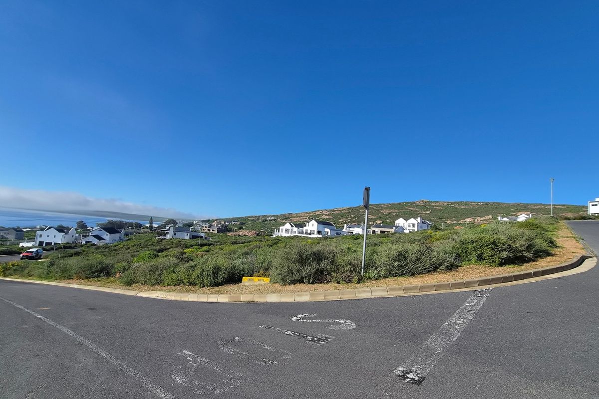 A street-level view of a residential corner lot featuring native coastal vegetation and surrounding neighborhood homes with distant ocean views.