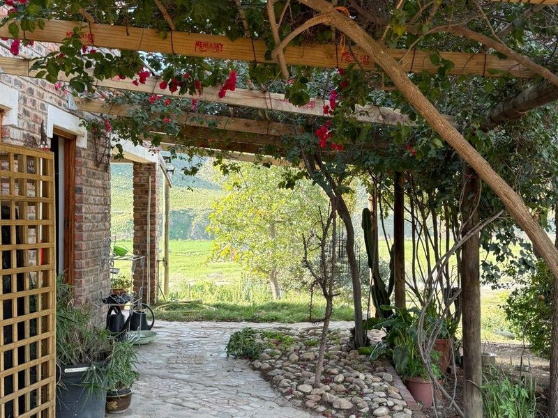 A charming outdoor patio area featuring a rustic bamboo pergola, stone paving, and exposed brickwork, overlooking a lush garden landscape.