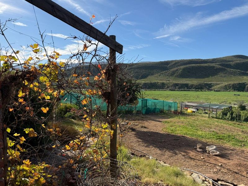 A scenic view overlooking the farm landscape, featuring agricultural fencing, irrigation infrastructure, and a wooden trellis in the foreground.