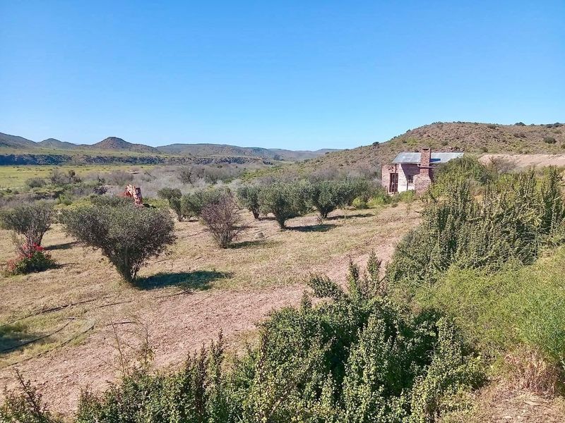 A scenic landscape view of a rural farm property featuring an established orchard and a small brick cottage set against rolling hills.