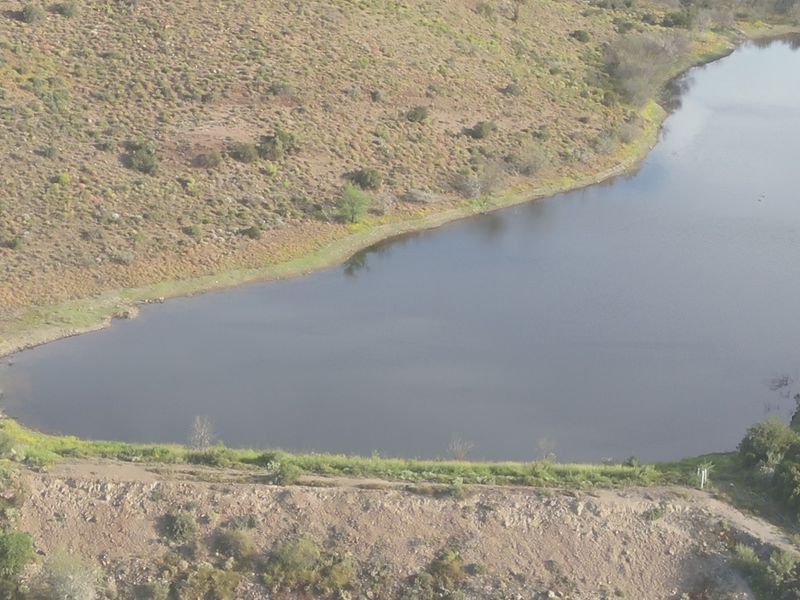 An aerial view of a farm dam featuring a natural water body and an earth embankment.